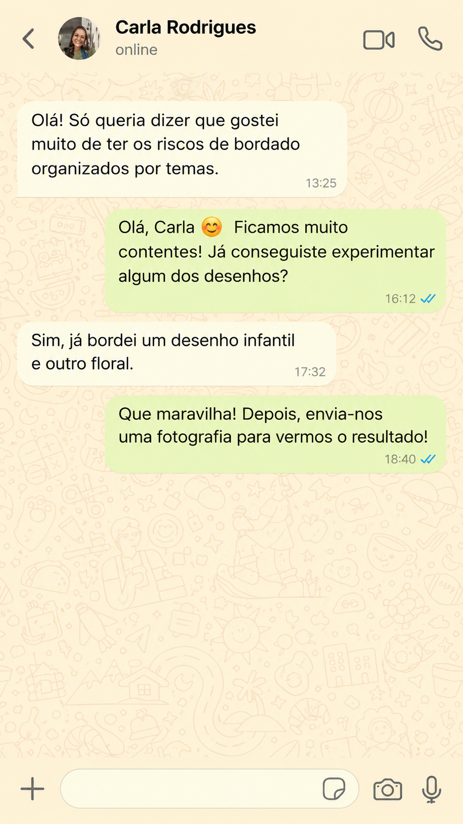 Captura de ecrã de conversa no WhatsApp com uma compradora do borda&cria