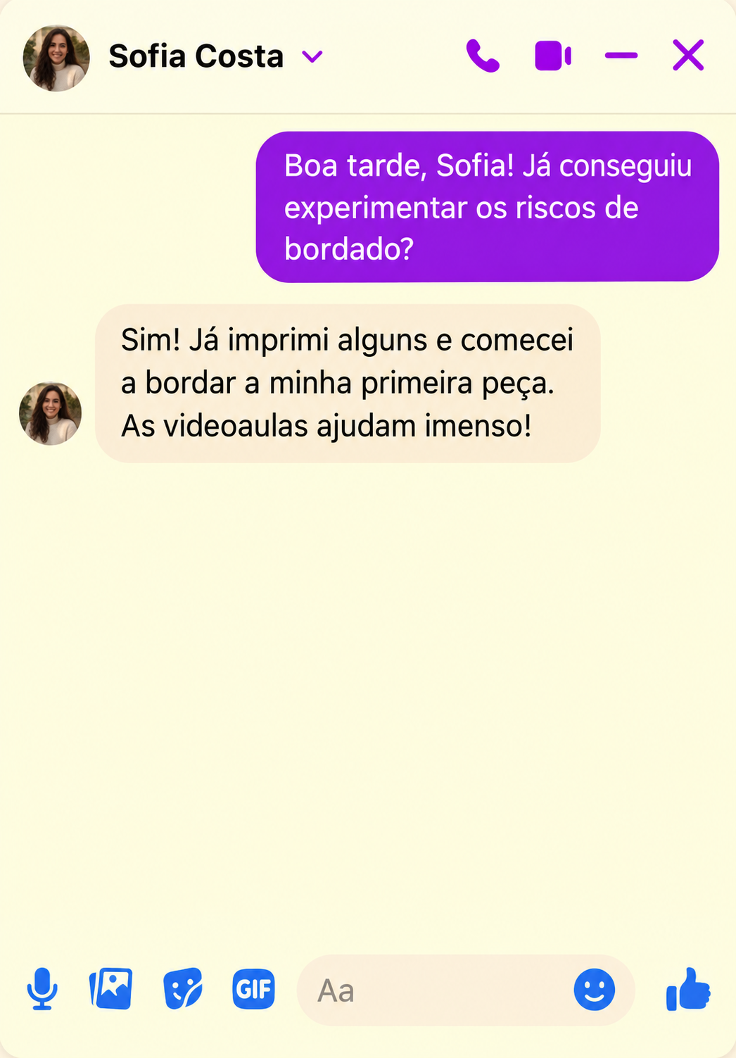 Captura de ecrã de conversa no Messenger com uma compradora do borda&cria