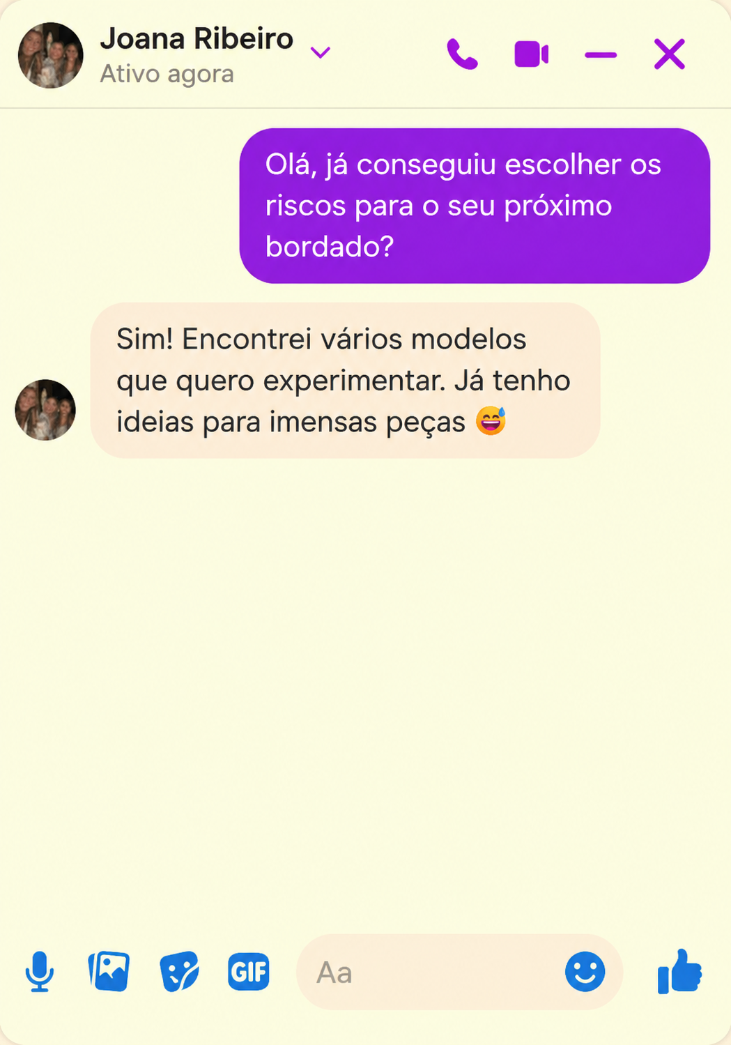 Captura de ecrã de conversa no Messenger com uma compradora do borda&cria