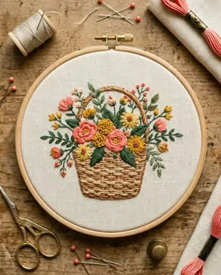 Cesta de flores bordada em bastidor